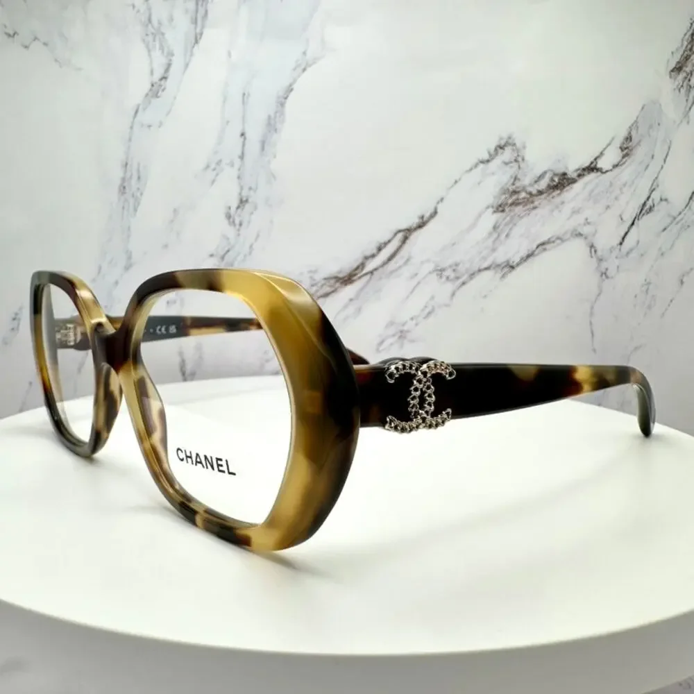New CHANEL Eyeglasses Brown Gold Chain CC Square Acetate Womens - Picture 14 of 16
